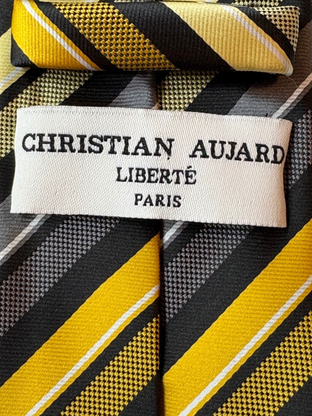 Christian Aujard Paris Liberte Silk Stripe Tie Yellow Grey Black 3.5” Classic